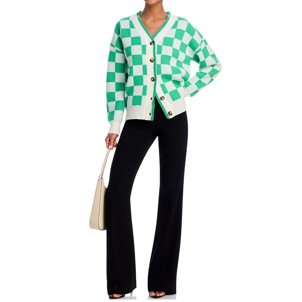 Aqua V-Neck Button Up Mint Green White Checkerboard Sweater Cardigan Large Retro - Picture 3 of 10